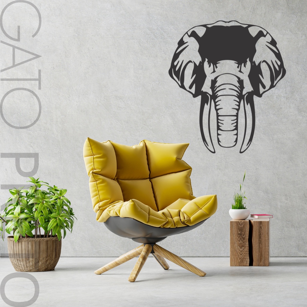 Placa Quadro Decorativo Elefante Selvagem África Savana Madeira MDF Com Fita Dupla Face Adesiva Preto Fosco