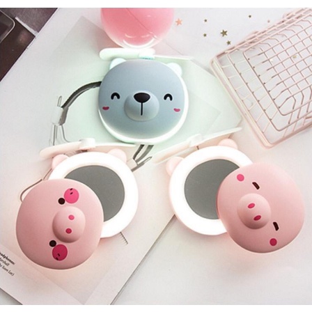Mini Espelho 3 Em 1 Ventilador Com Luz Led Usb Urso e Porquinho Para Maquiagem Portátil KW100125