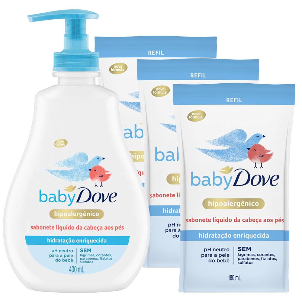 Kit Sabonete Líquido Baby Dove Hidratação Enriquecida 400ml + 3 Refil 180ml em Oferta na Shopee