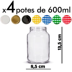 Pote Vidro 600ml - kit 4 unidades com tampa metálica