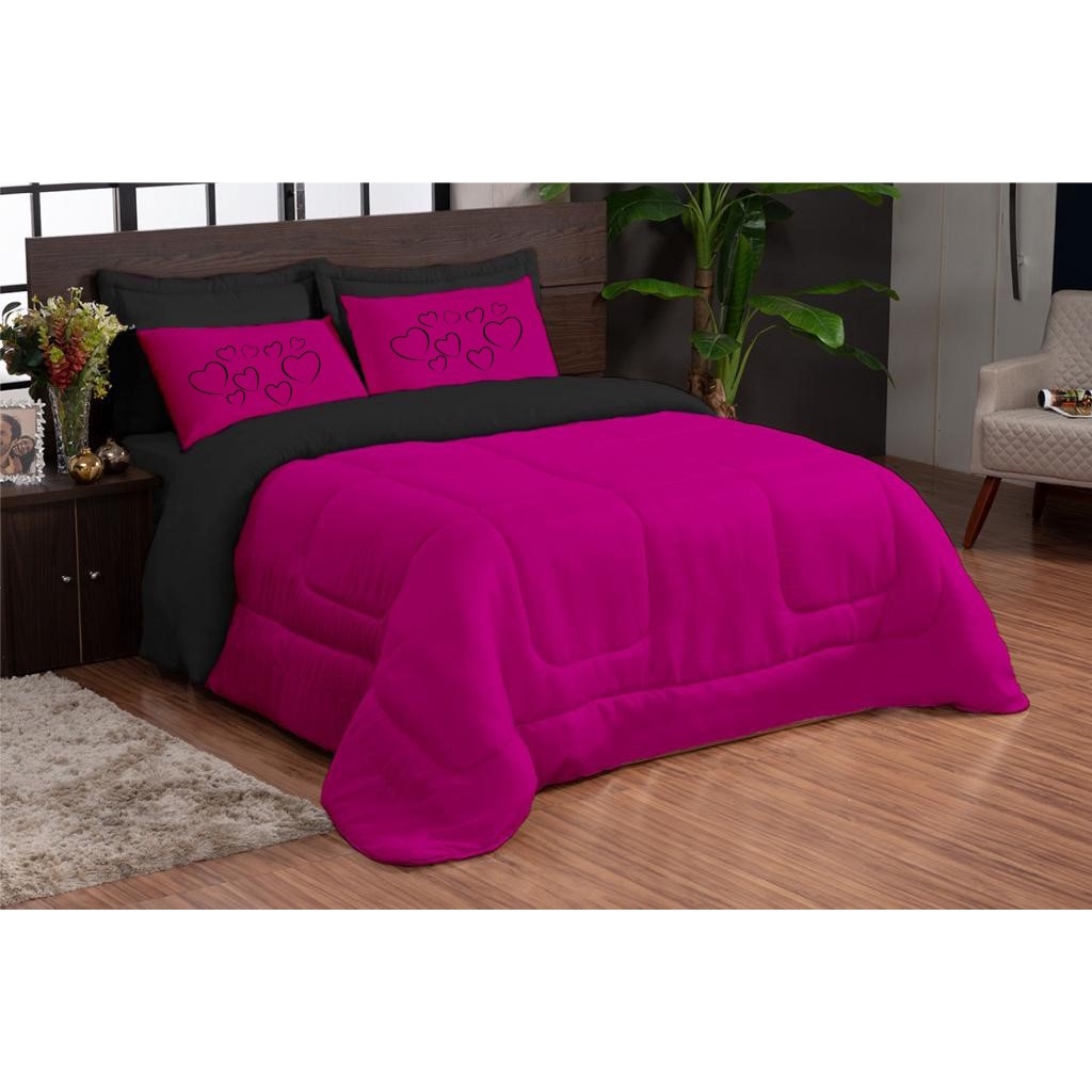 Kit Dupla Face Casal Queen Coração Pink E Preto 5 Peças