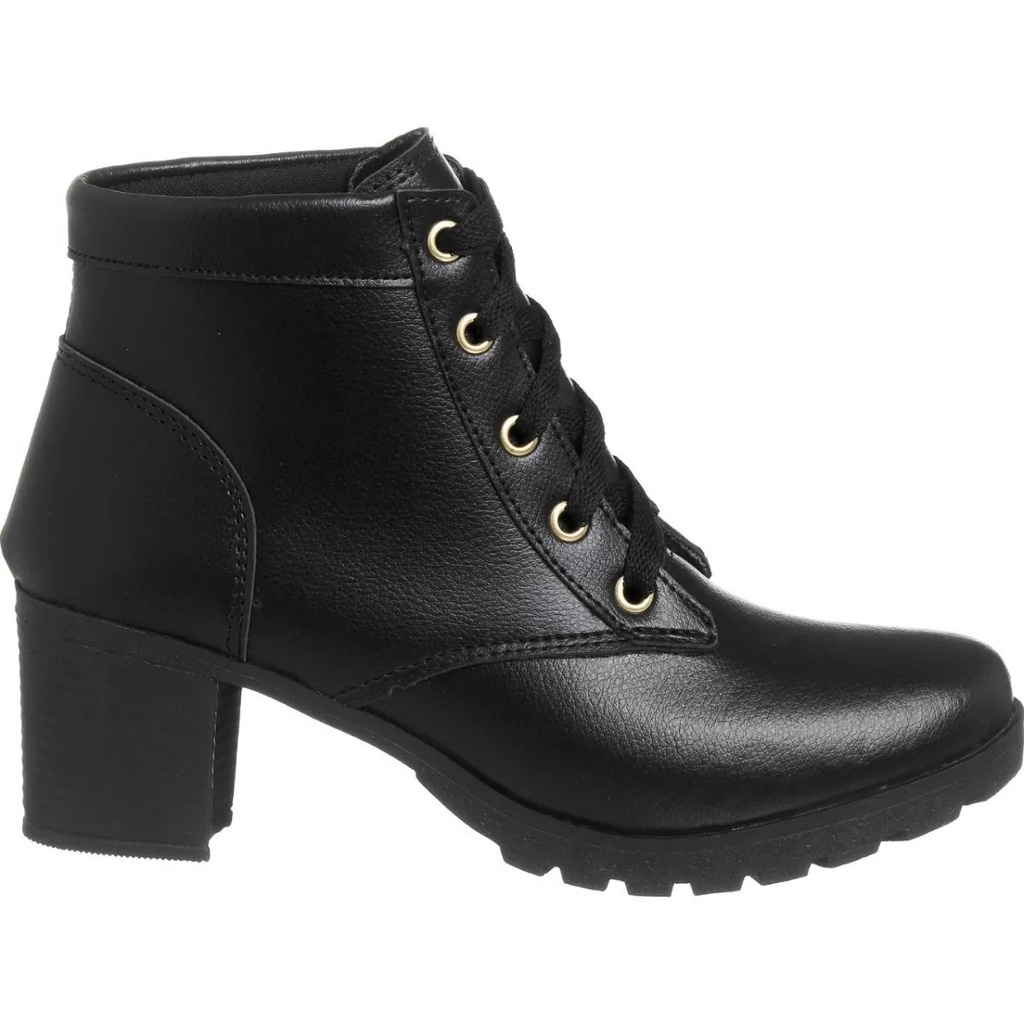 Bota feminina botinha coturno cano curto salto médio tratorada mulher preta