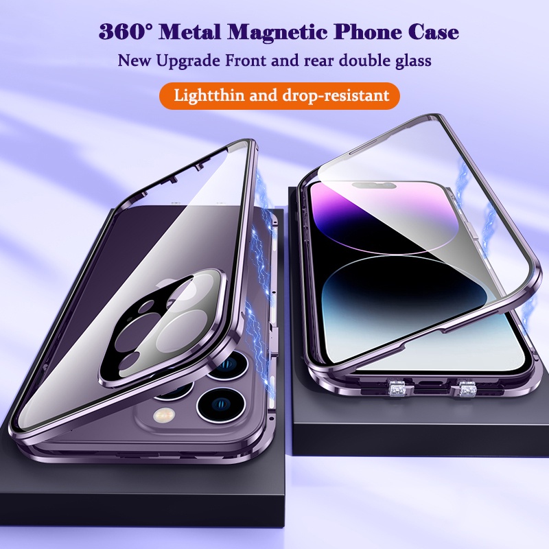 360 ° Capa De Adsorção Magnética De Metal Para iPhone 14 Plus 13 Pro Max Capas Originais Em Liga Roxo Estrutura De Vidro Dupla Face