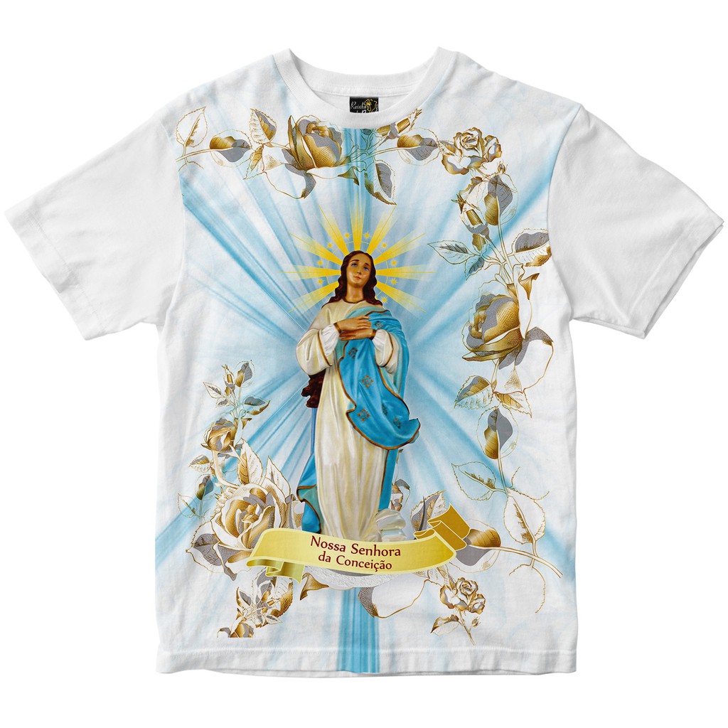 Camiseta Nossa Senhora da Conceição Flores Douradas Rainha do Brasil Branca
