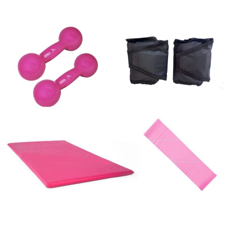 Imagem Kit Aeróbico Treino Completo Halter 2 Kg Rosa + Par Caneleira 2 Kg + Colchonete Rosa D24 + Elástico