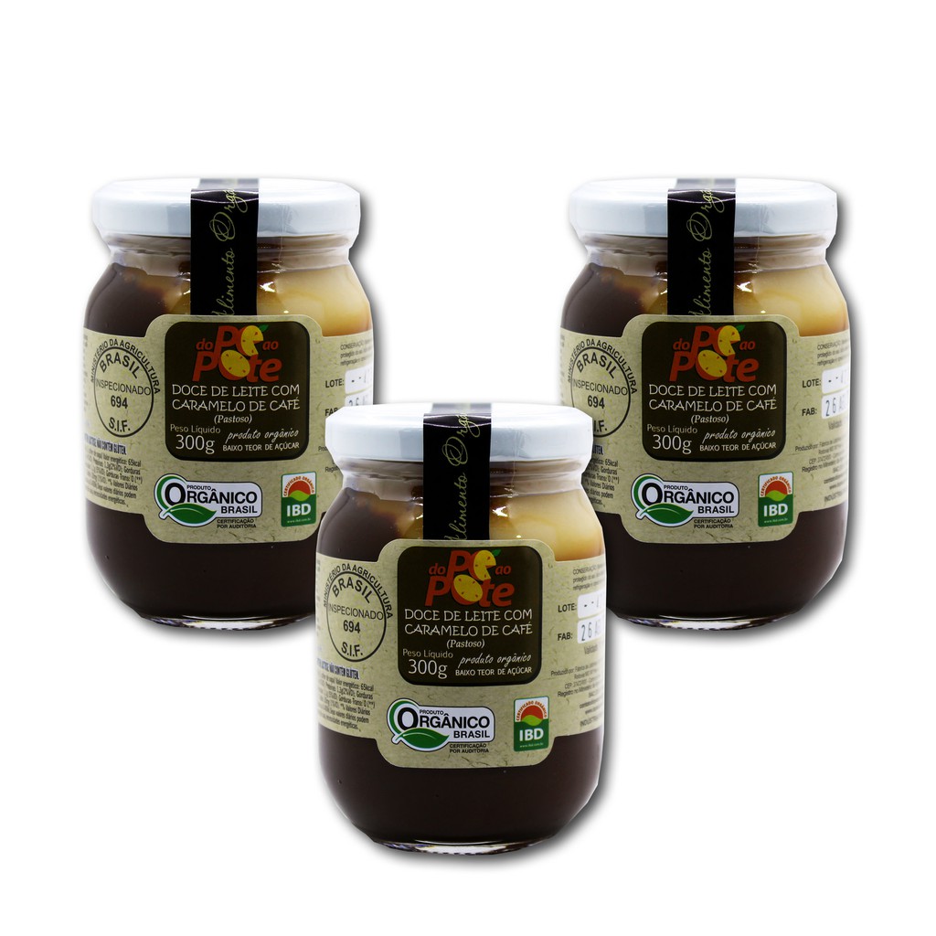 Doce de Leite com Caramelo de Café Orgânico 300g com Açúcar Sem Glúten Do Pé ao Pote kit com 3 potes