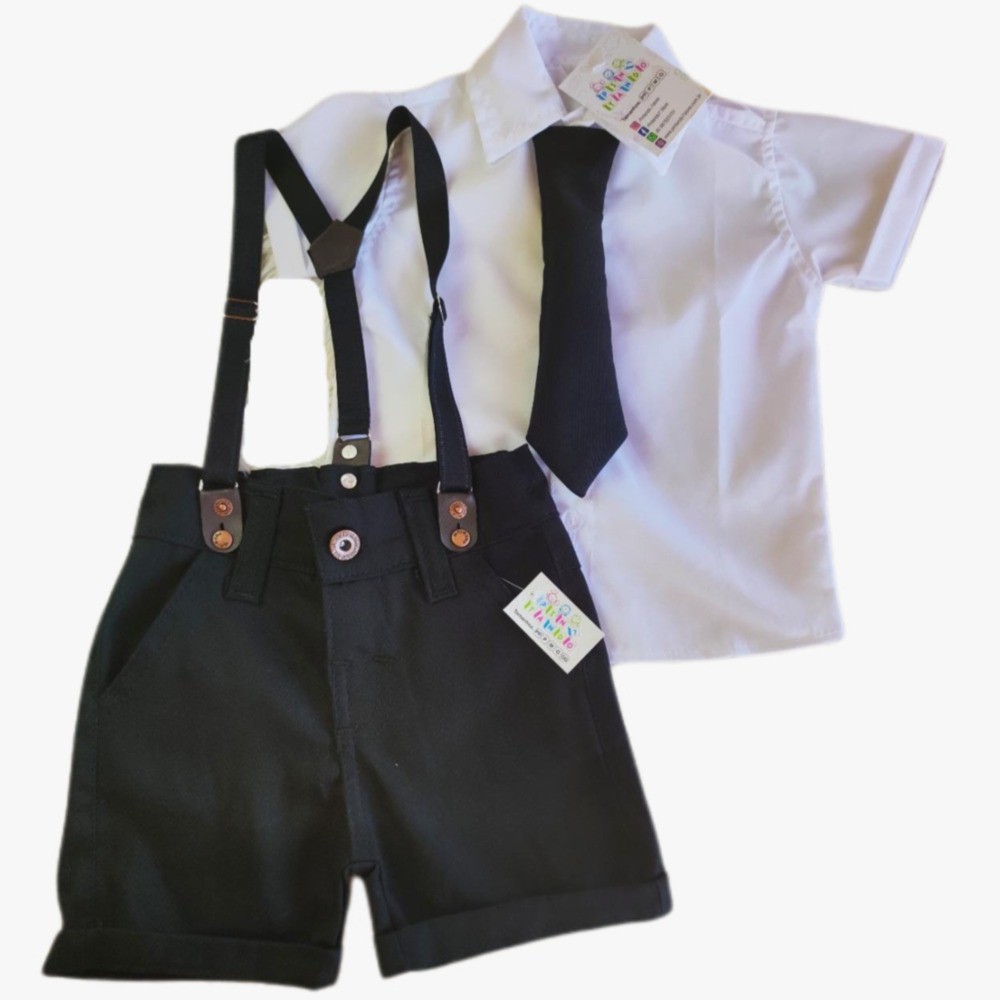 Roupa do CHEFINHO BRANCO LISO, gravata, bermuda e suspensorio poderoso chefinho menino
