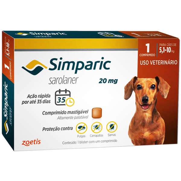 Simparic Antipulgas E Carrapatos Cães 5,1 a 10 Kg (20 mg) Caixa com 1 Comprimido - Pets