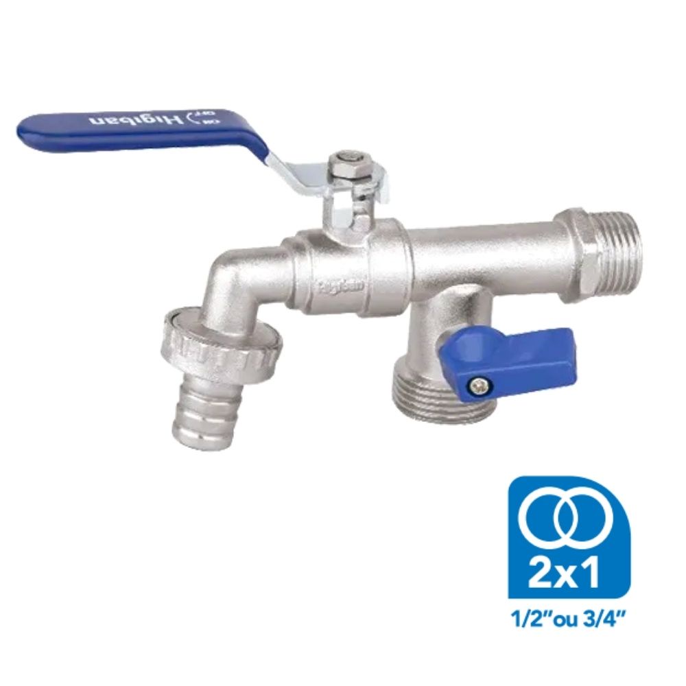 Torneira de Parede com 2 Saídas para Tanque e Máquina de Lavar Linha Jardim Anti Ferrugem 1/2"X3/4" - Higiban