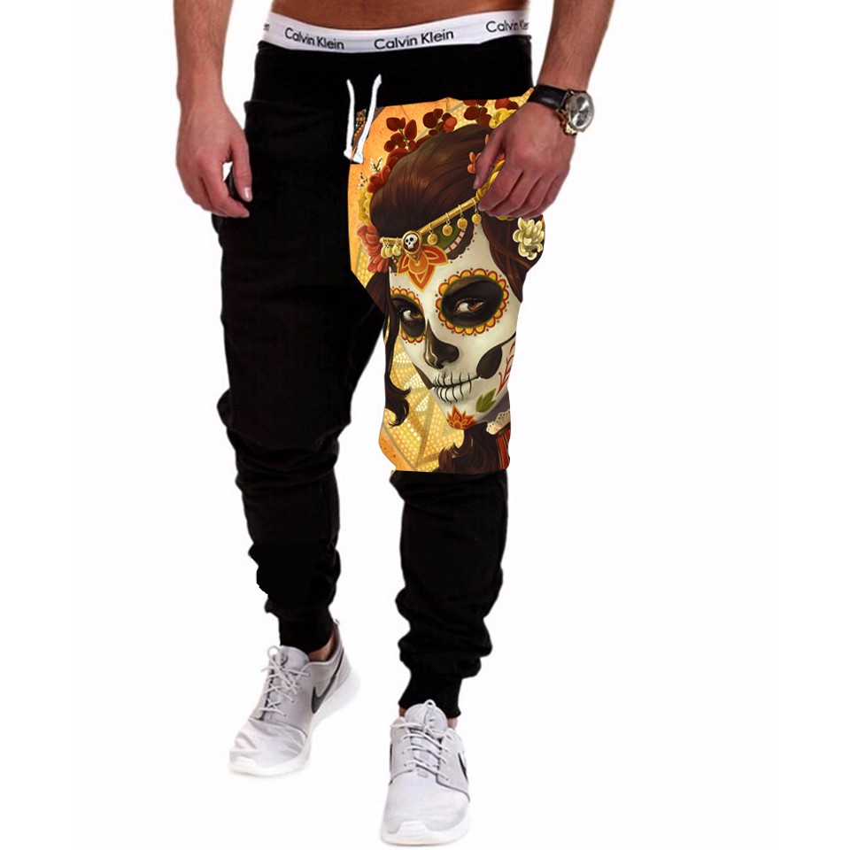 Calça Masculina de Moletom Estampada por Sublimação Mulher Caveira Mexicana Dourada A196
