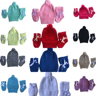 Kit Touca, Luva, Sapatinho Bebê Tricô 3 peças em Oferta na Shopee