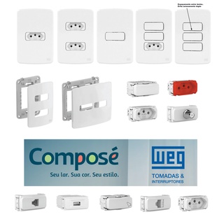 Tomadas 10A teclas placas e interruptores - Weg Composé - Cor Branca - Conjuntos Tomadas, interruptores 4x2 e 4x4 montados e para montar - Módulos Simples ou Paralelo, tomadas 10 e 20 amperes e outros
