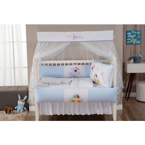 Kit Protetor De Berço 9 Peças - Fusca Carrinho Avião Azul