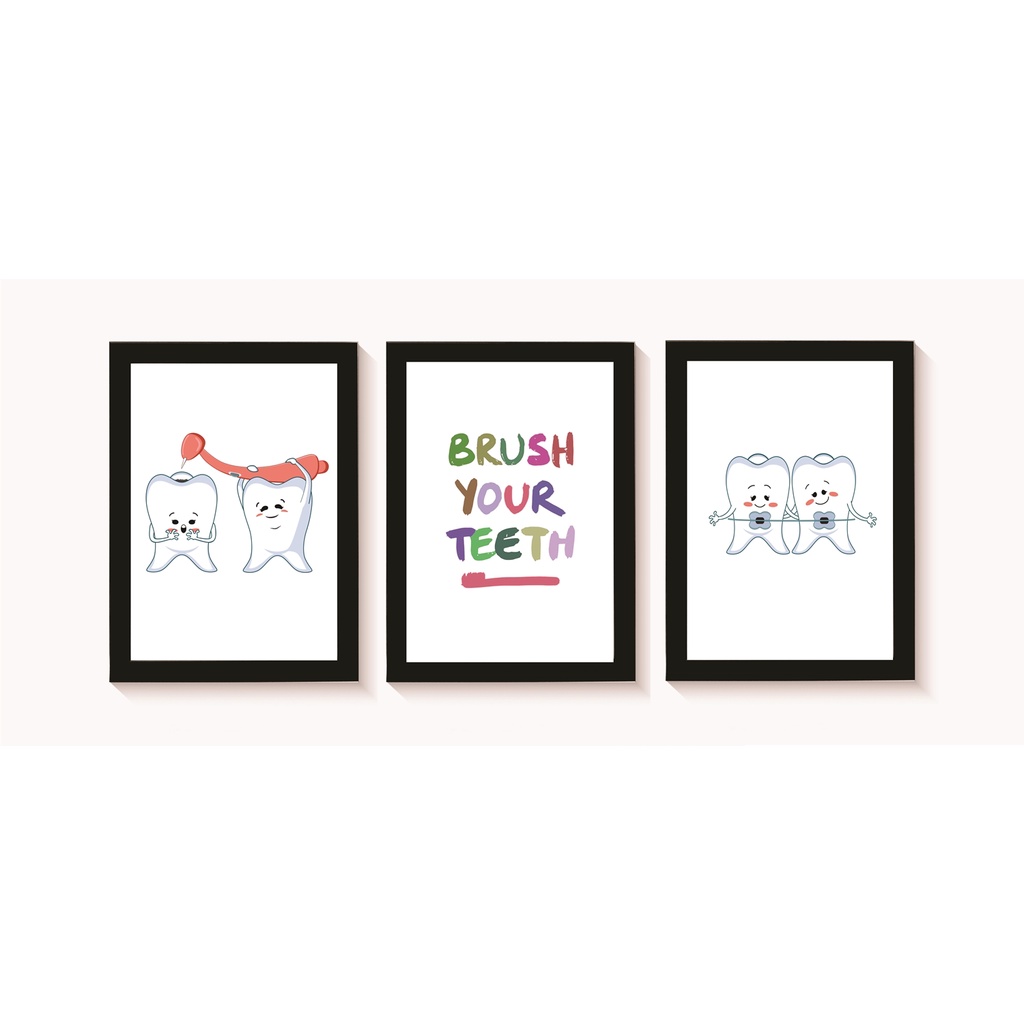 Kit 3 Quadros Decorativos Dente Decoração Consultório Odontologico Molduras 20x30cm Madeira
