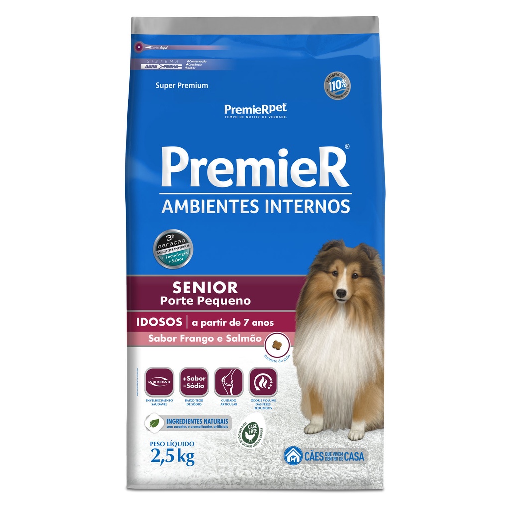 Ração Premier Ambientes Internos Senior 7+ para Cães Idosos de Pequeno Porte acima de 7 anos de idade Sabor Frango e Salmão - 2,5Kg em Oferta na Shopee