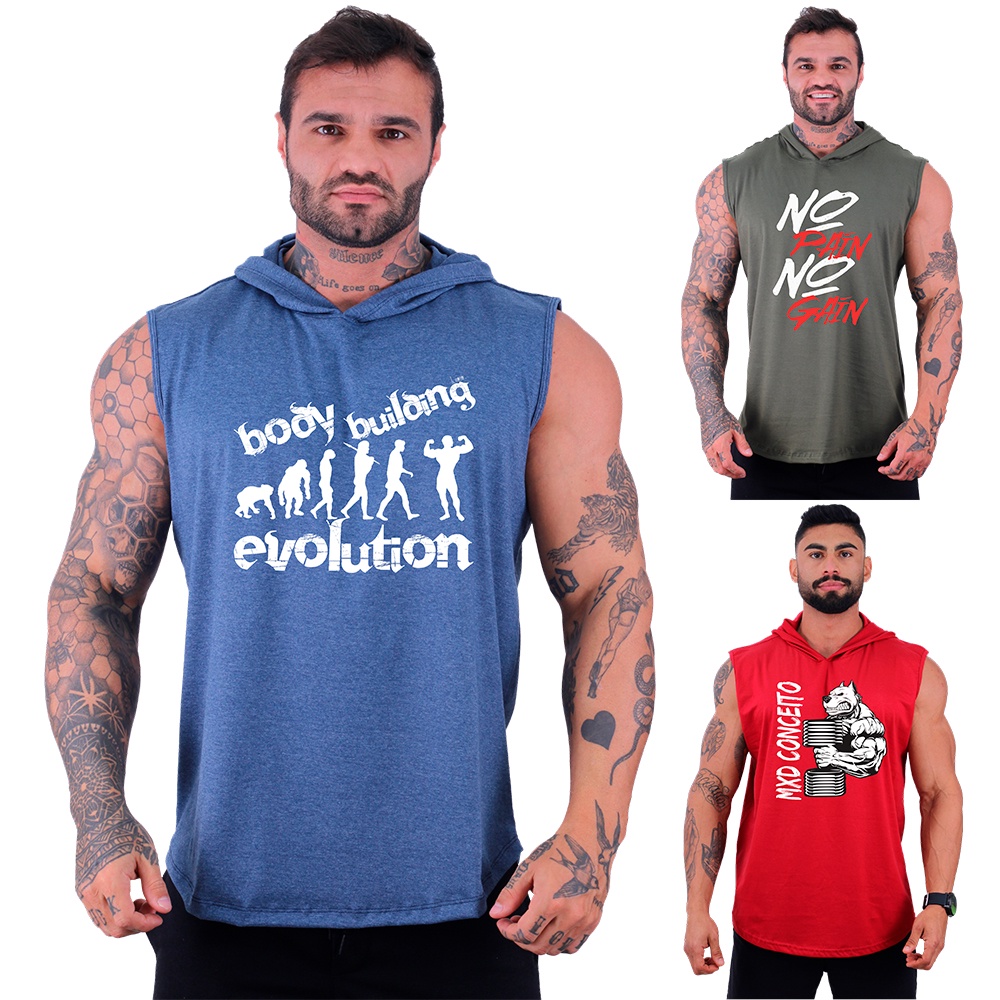 Kit 3 Regatas Longline Machão Com Touca Masculina MXD Conceito Academia Musculação Casual