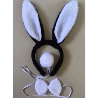 Kit Tiara Coelho Fantasia Festa Cosplay Preto Com Branco ( tiara + gravata borboleta + rabinho )