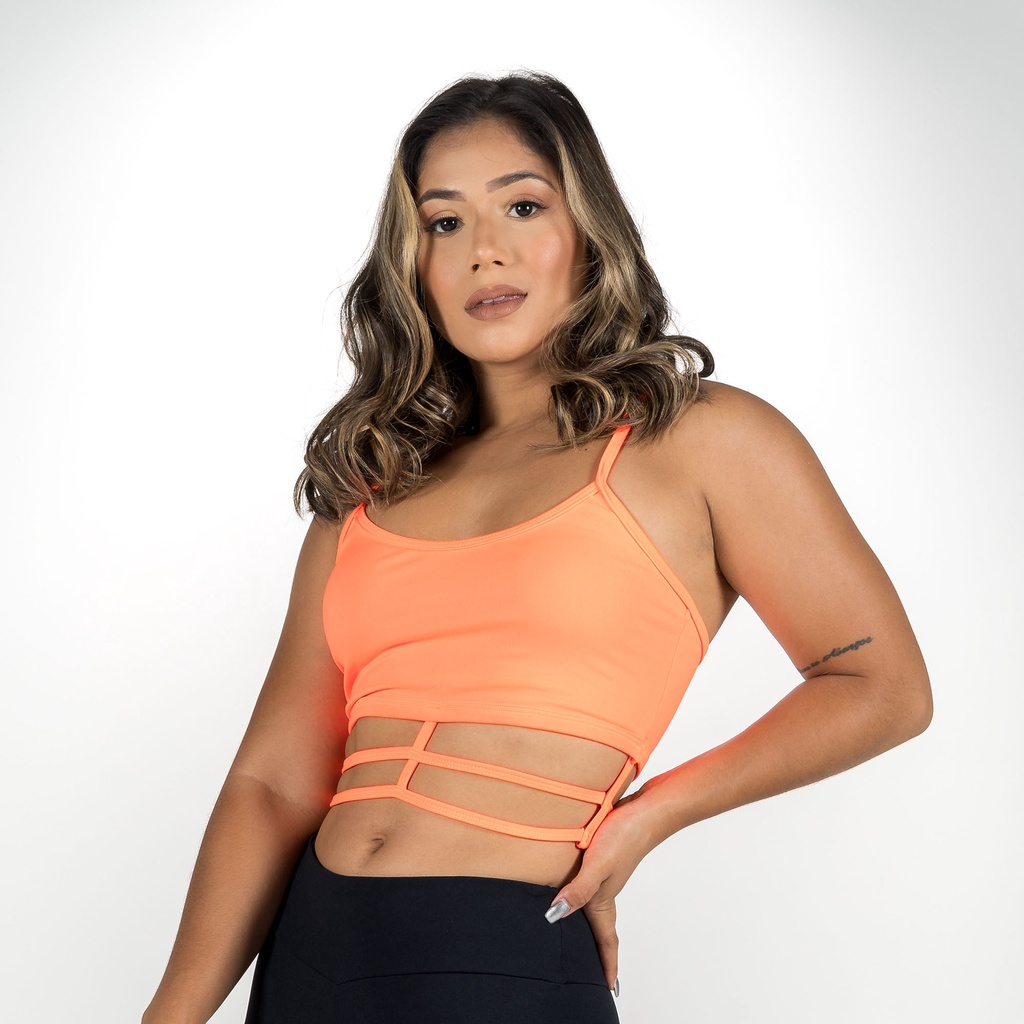 Top Fitness Feminino na cor Laranja Fluor com Detalhes em tiras