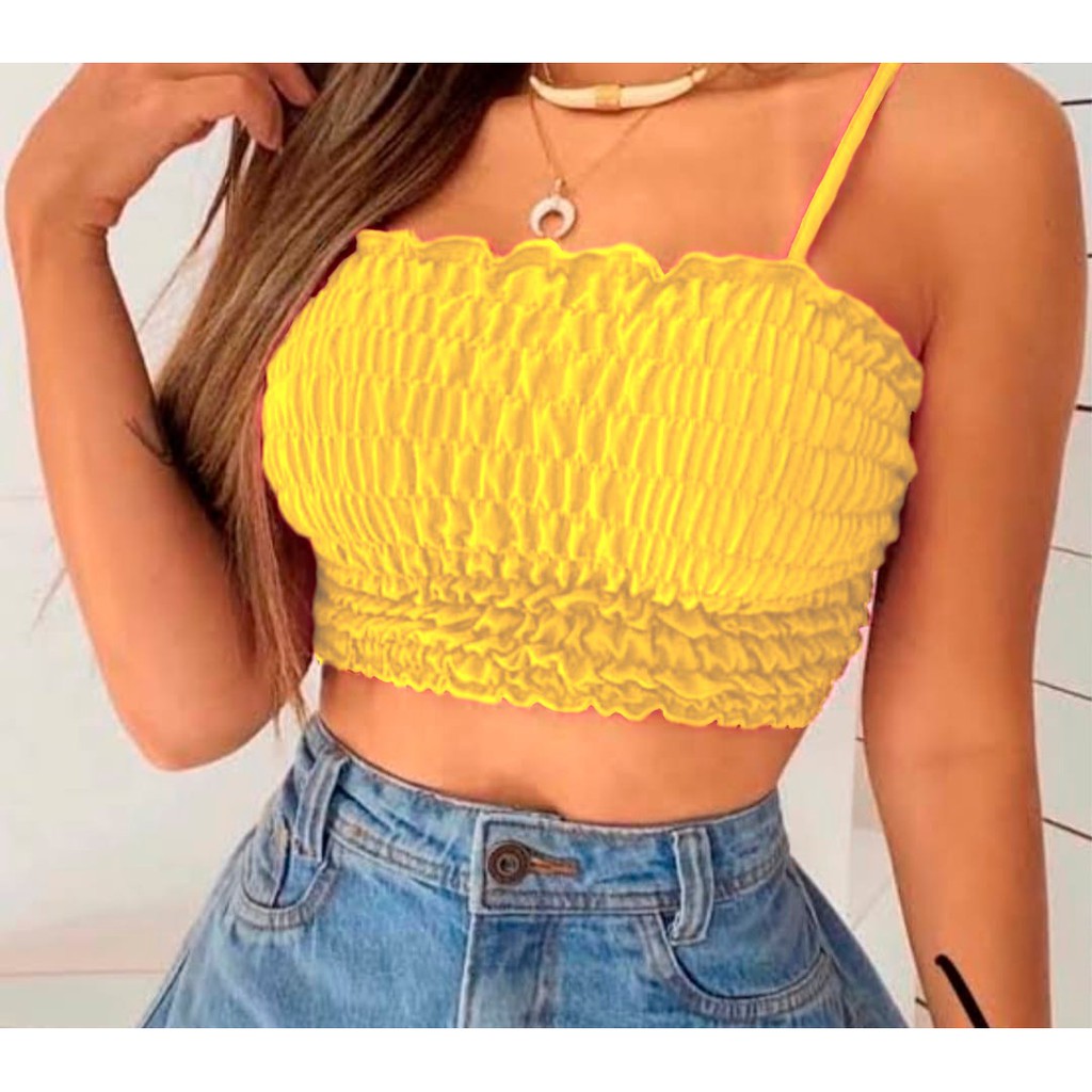 Cropped Feminino Lastex Com Alcinha ajustável Tendência Shopee Brasil