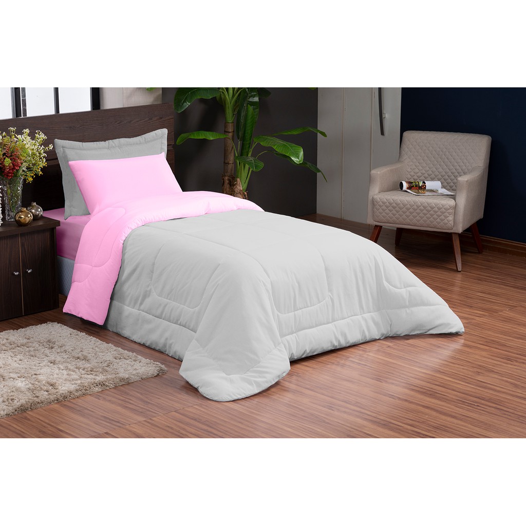 Kit Dupla Face Edredon Solteiro 04 Rosa Cinza