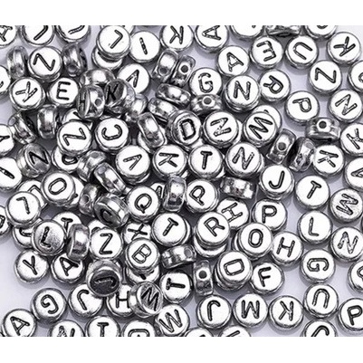 10 Peças de Miçanga Infantil Alfabeto N - Z Prata Letra Preto Entremeio Redondo 7mm Furo Passante Para Pulseira