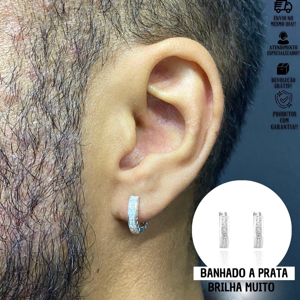 Brinco Masculino De Prata Argola C/ Pedras Brilhantes De Zircônia Banhada a Prata 925 Brinco De Argola