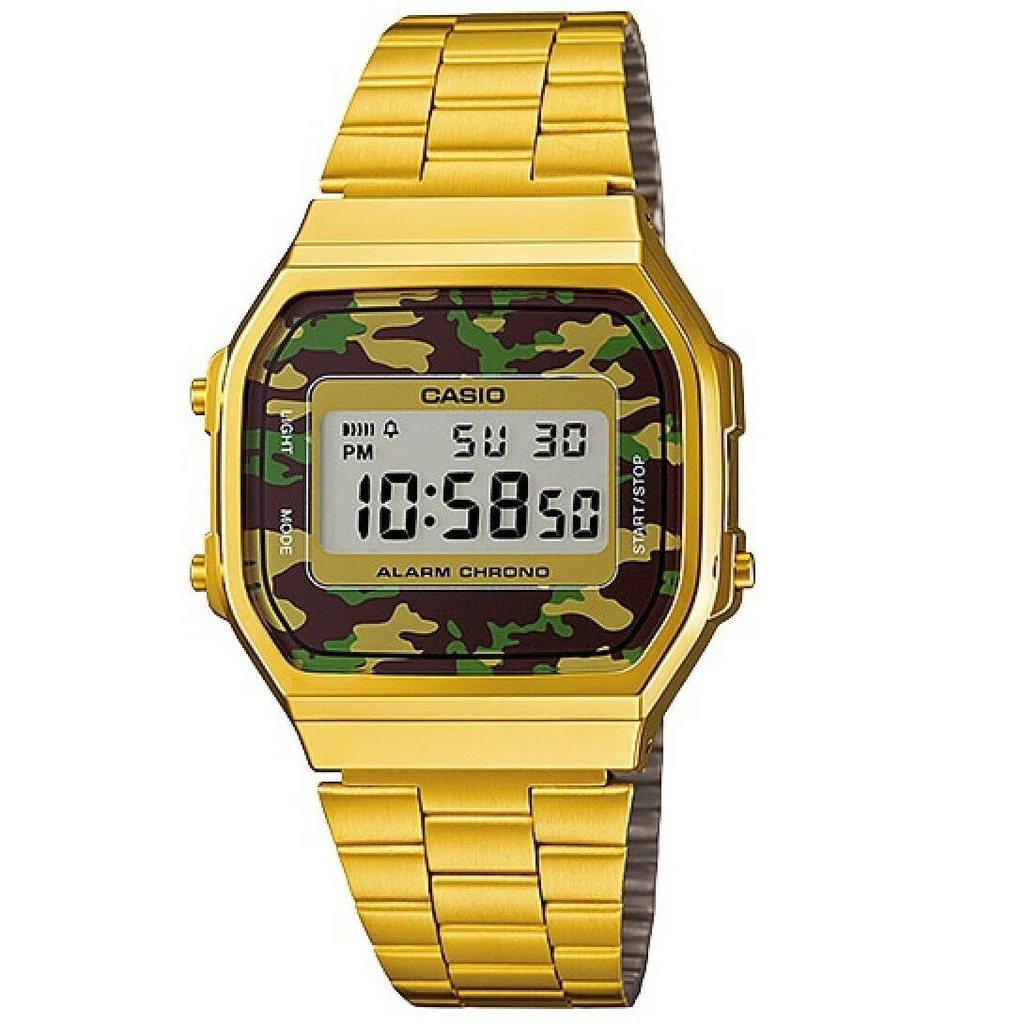 Relógio Cássio Retrô a159w Digital Led Unissex Vintage - Casio Vintage clássico- Dourado/camuflado