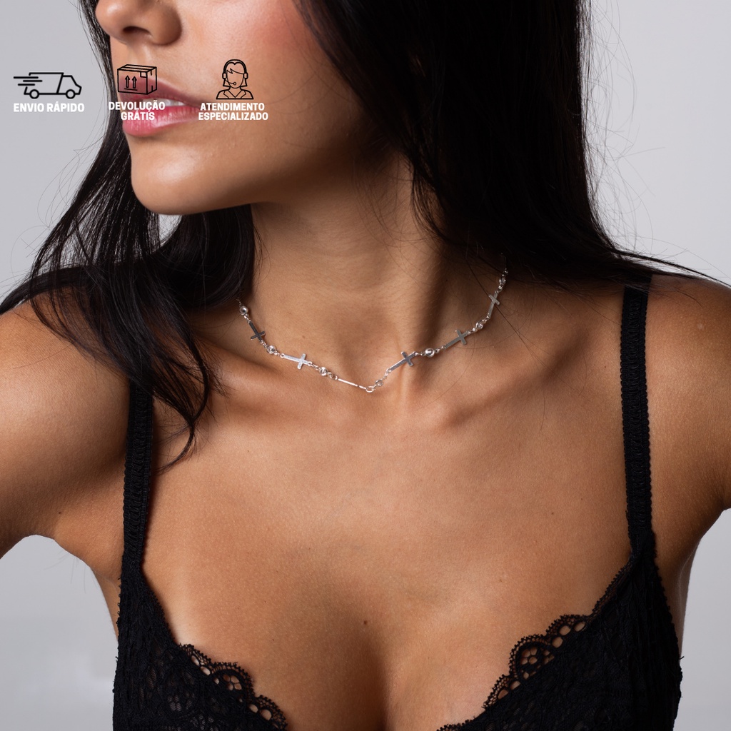 Choker Gotas de Zircônia e Crucifixo Chapado (5,5g) Banho de Prata 925 Choker Banhada Colar