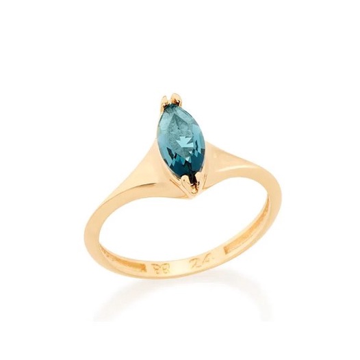Anel e Brinco Rommanel Aro Liso com Cristal Navete Azul London e Zircônia Branca