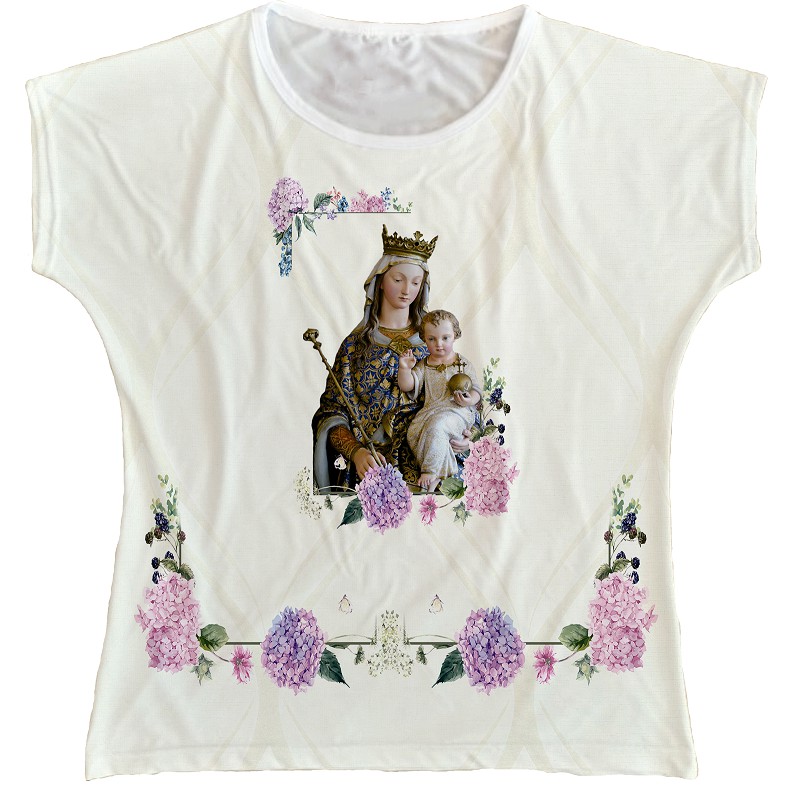Blusa Nossa Senhora Auxiliadora Bata Rainha do Brasil Bege com Flores Roxas