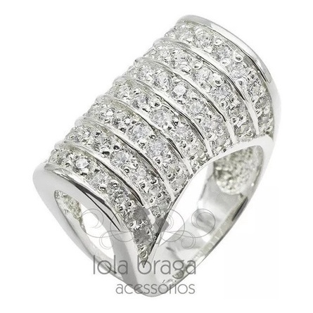 Anel Feminino Prata 950 7 Fileiras Cravejado Pave Zircônias