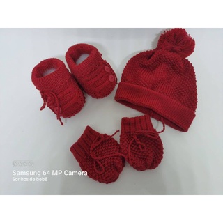 kit luva touca e sapatinho vermelho ,para bebê, RN até 2 meses , tricô.