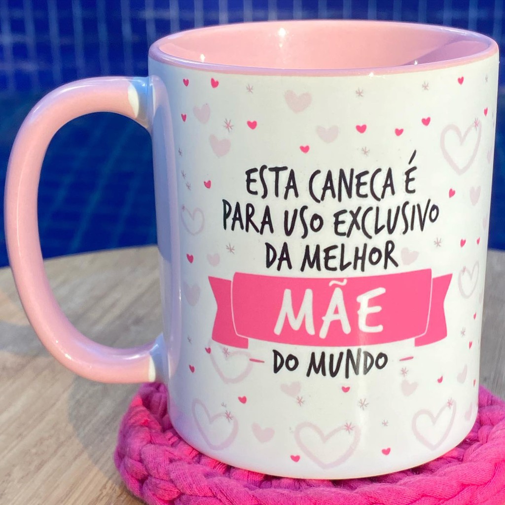 Caneca personalizada USO EXCLUSIVO DA MELHOR MÃE DO MUNDO + te amo mãe (cerâmica branca 325 mL) - interior e alça rosa - dia das mães - XÍCARA