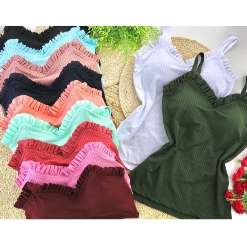 Blusa Regata Feminina Alcinha Babado Com Bojo Canelado Lindo Moda ！