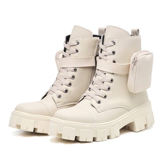 Bota Coturno Feminino Tratorado Militar Com Bolsinha Lateral Removível Off White