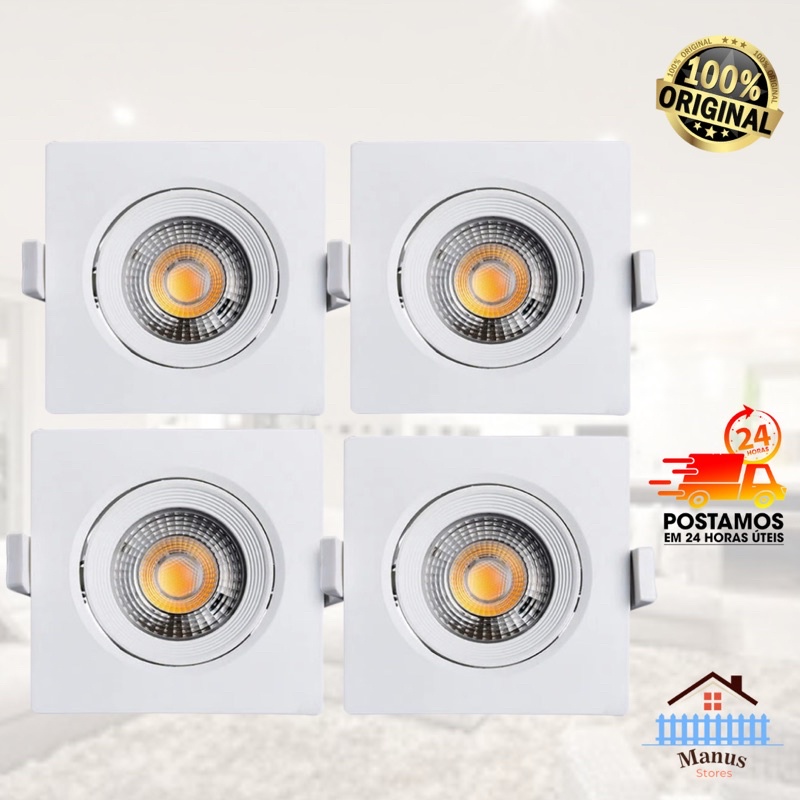 kit com 4 SPOT LED 3w/5w/7w Embutir Quadrado Direcionável Branco Frio