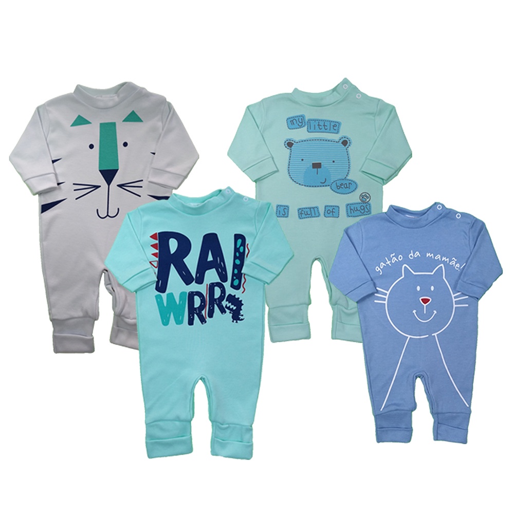 Kit 4 Macacão Bebê Manga Longa Estampado Algodão Recém Nascido