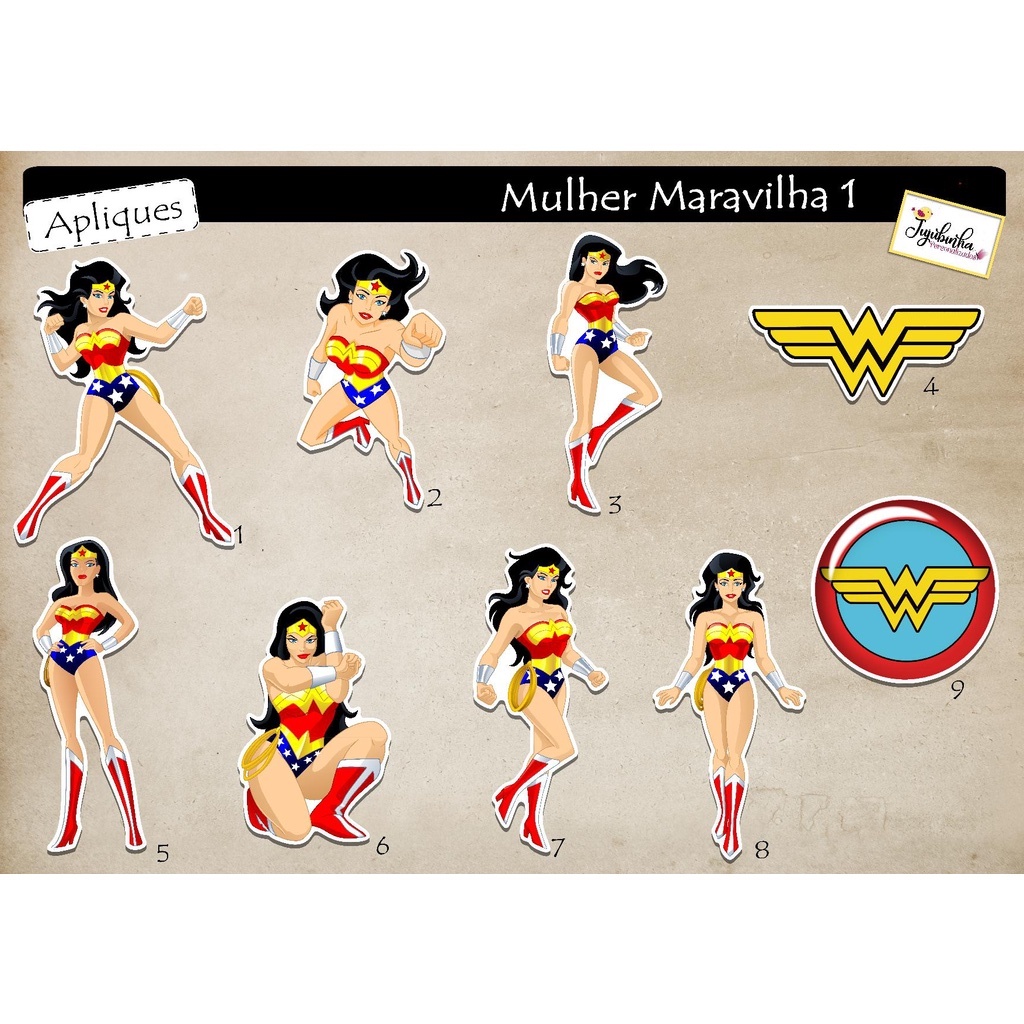 APLIQUES RECORTADOS - MULHER MARAVILHA 1 - TAG, LEMBRANCINHA, TUBETES, DECORAÇÃO,  ANIVERSÁRIO, ARTE