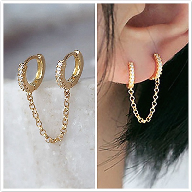 925 Prata Esterlina Um Pçs Dois Furos Piercing Brincos Para Mulheres Cristal Brilhante Zircão 3 Metal Cor Corrente Brinc