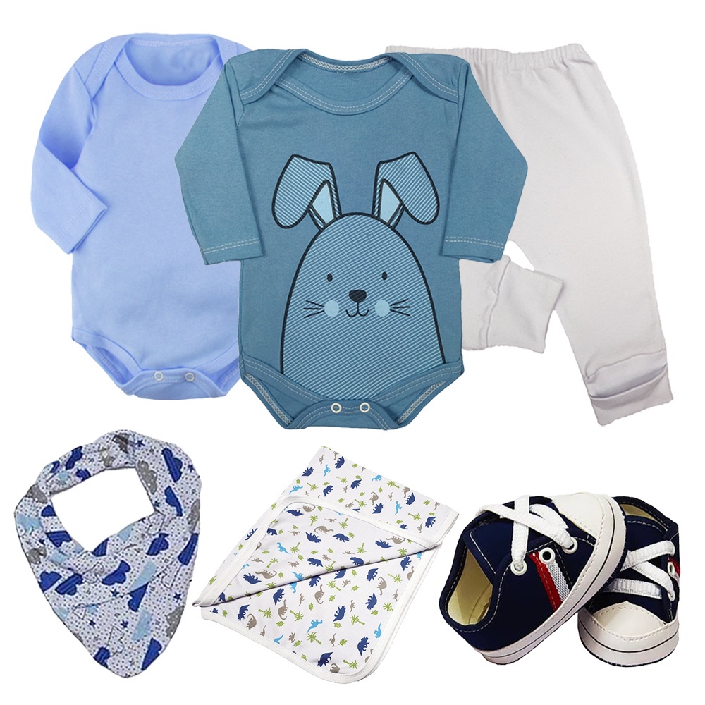 Kit Bebê 6 Peças Body Longo Mijão Sapatinho Bandana e Cueiro