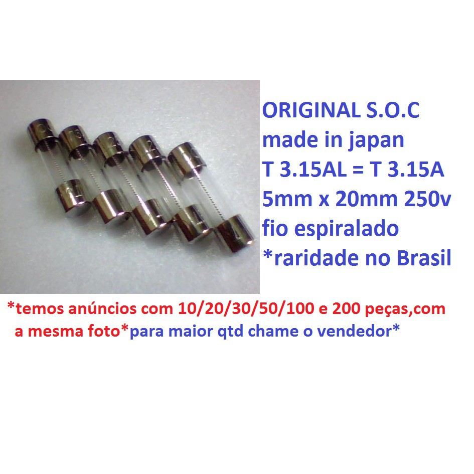 10 Pçs Fusível De Vidro T 3,15al = T 3,15a Soc Japan Fio Espiralado 5*20mm 250v T 3.15al