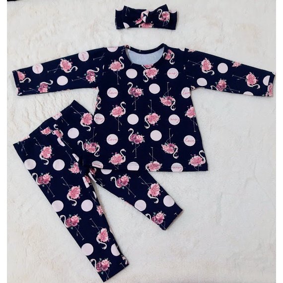 Conjunto Roupa Bebe Menina em Cotton - Body ou Blusa Manga Longa + Calça Legging + Laço Faixa de Cabelo Sortidos Varias opções de estampas Outono Inverno