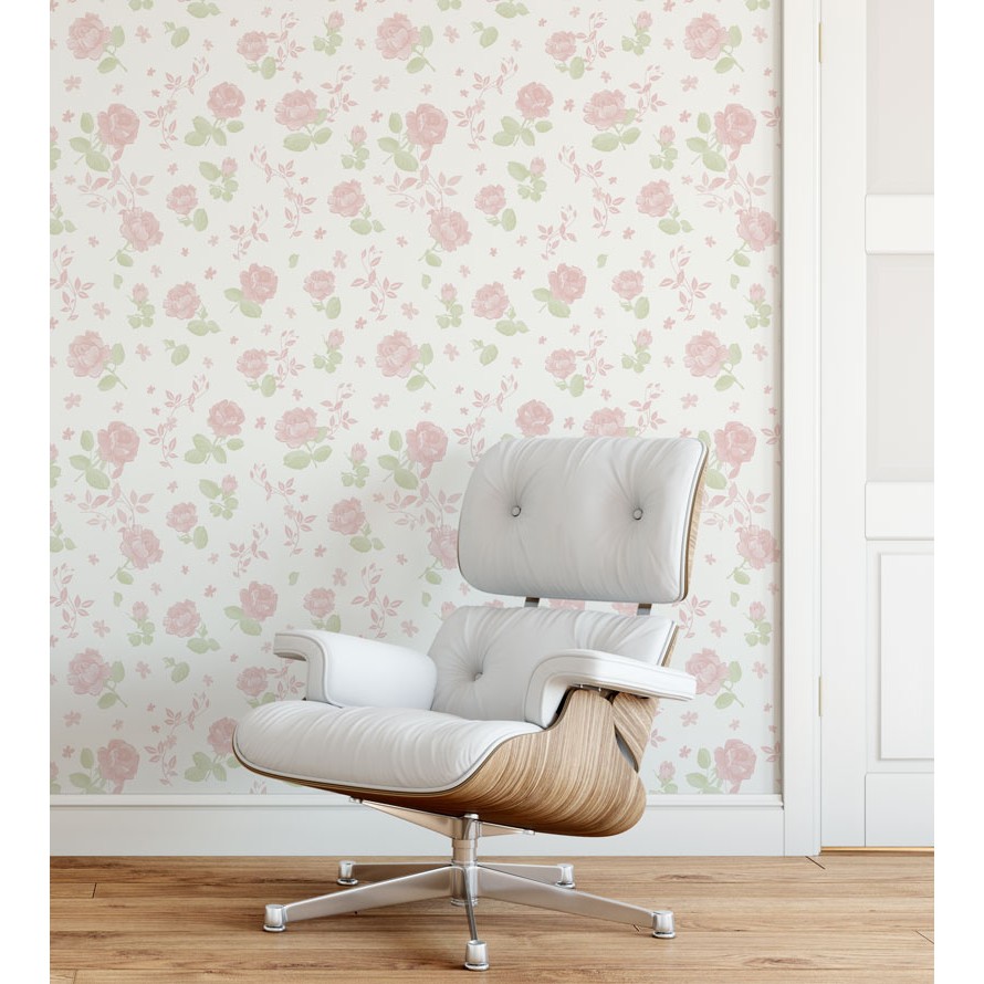 Papel de parede floral romance com fundo branco e flores rosa em Oferta na Shopee