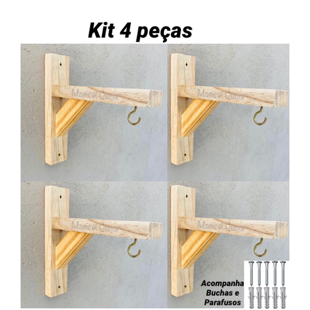 Kit 4pçs Suporte para Planta e Flor Macramê Mão francesa Madeira Pinus Reforçado Ótimo Acabamento Com Buchas e Parafusos