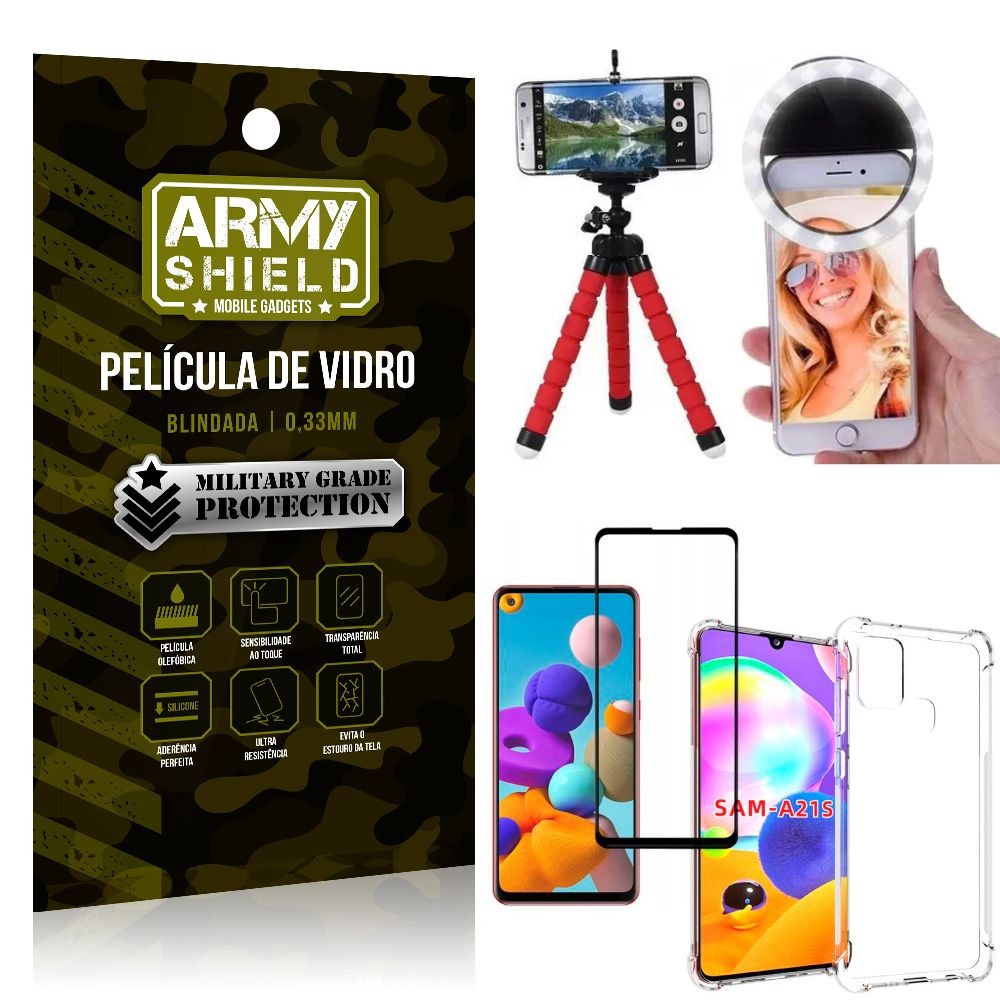 Kit Mini Tripé + Selfie Ring Light Galaxy A21s + Capa Anti Impacto + Película Vidro 3D