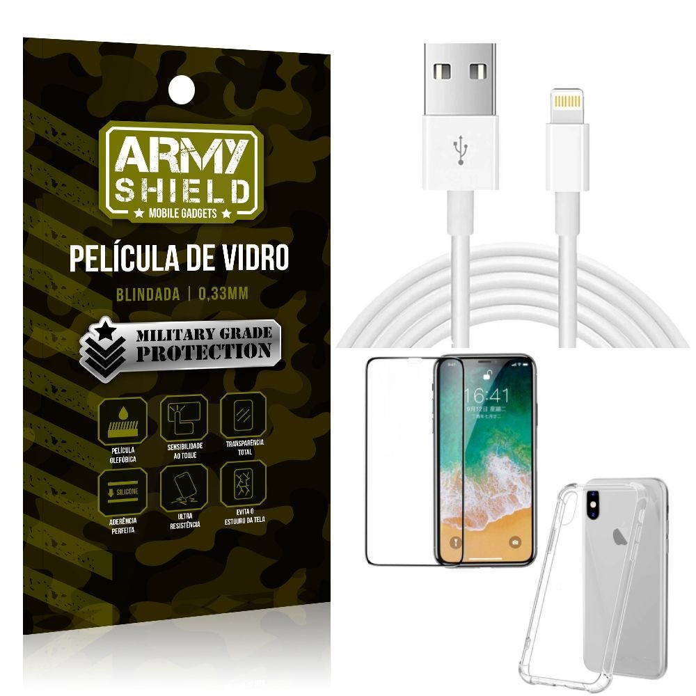 Kit Cabo Usb 2m Lightning iPhone X + Capa Anti Impacto + Película Vidro 3D - Arymshield