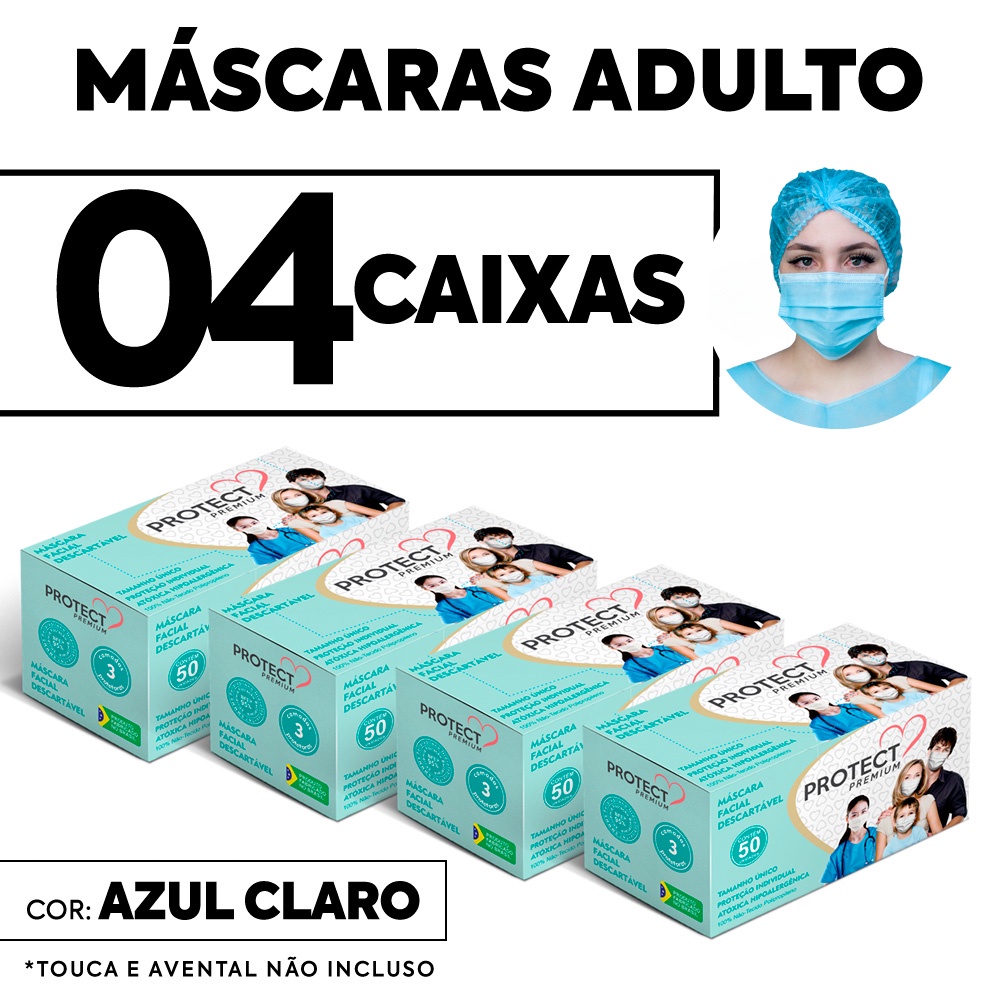 Kit com 04 caixas Mascara Descartavel Cirurgica Tripla Azul Claro c/50