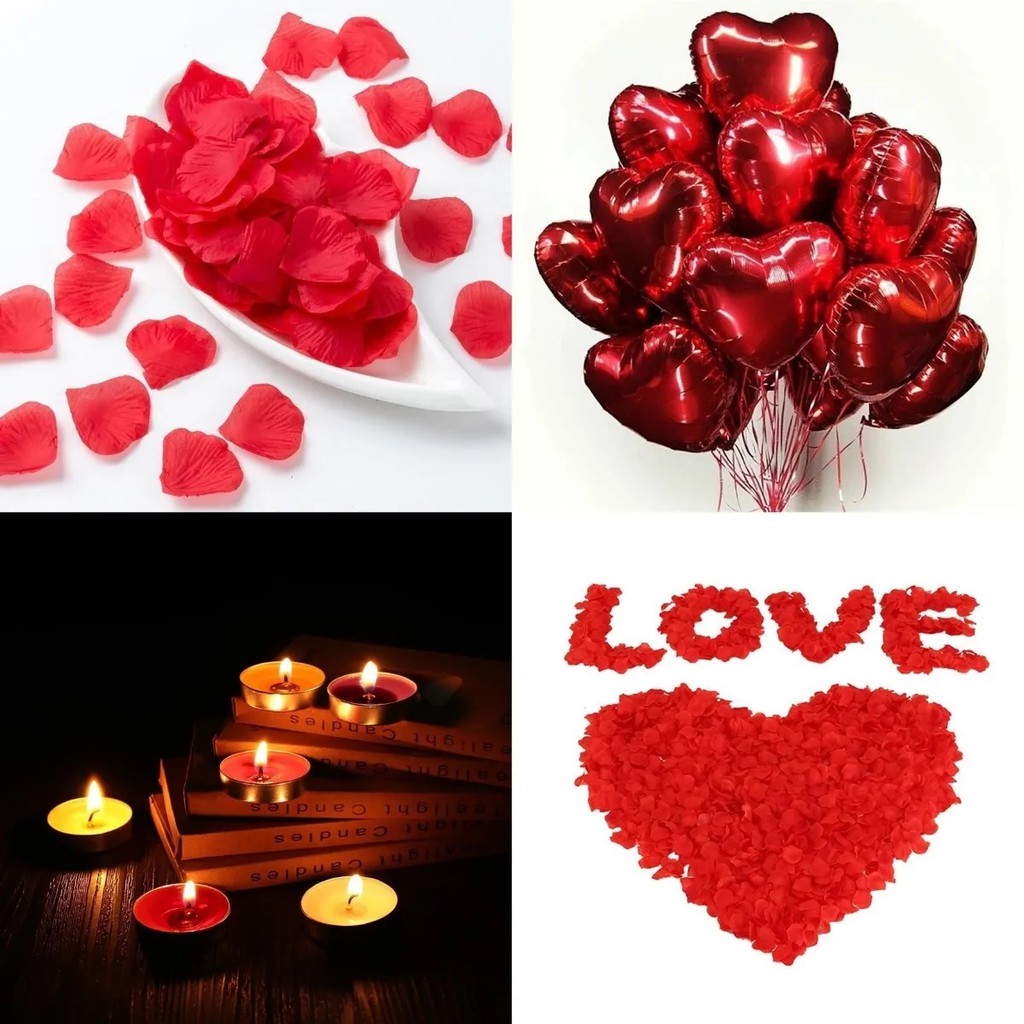 300 Pétalas de Rosas Artificial Vermelha + 8 Balões de Coração De 45cm Vermelho + 20 Velas Rechaud