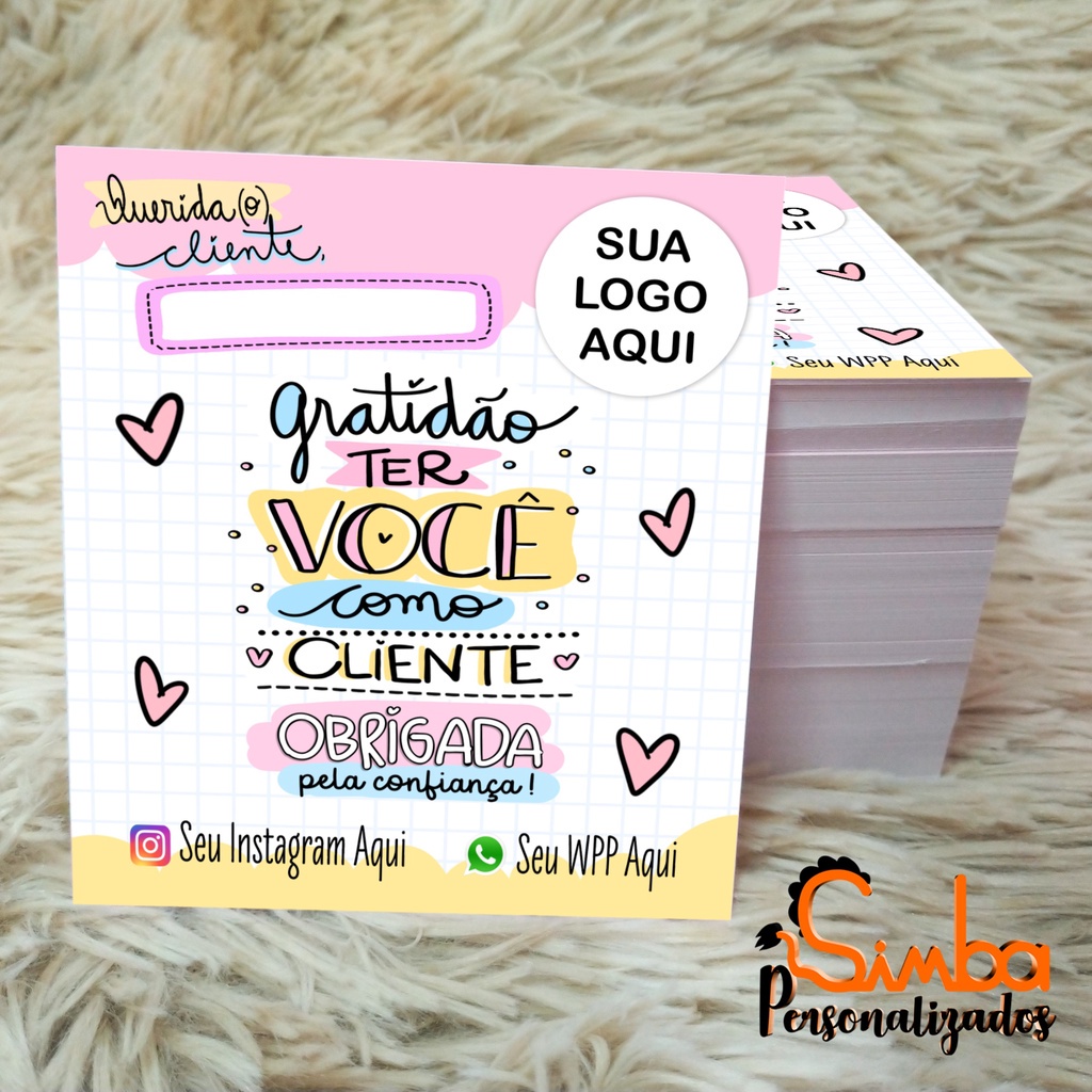 Cartão de Agradecimento Personalizado - 100un 10x9cm