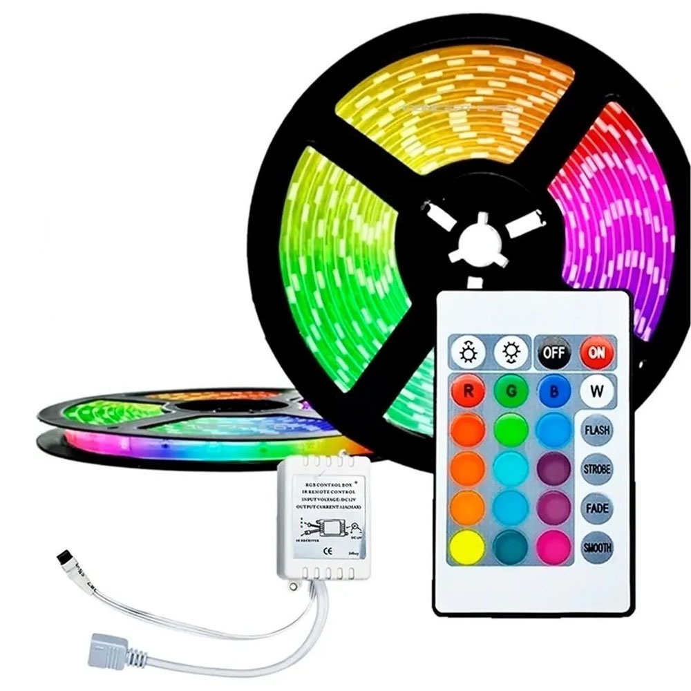 Fita Led Rgb 5050 Colorida 5m + Controle 300 Led Decoração Casa Loja Gesso Teto Sanca Vitrine